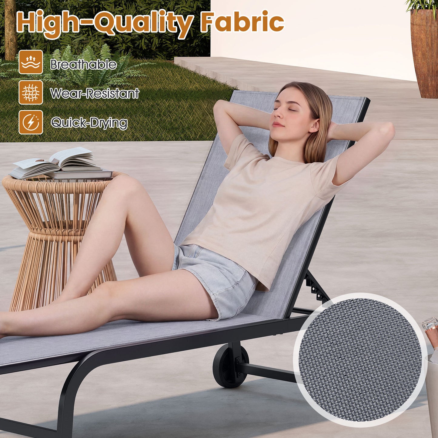 Outdoor Chaise Lounge Chair Set of 2 with Wheels 6-Position Recliner with 180° Full Flat-Grey