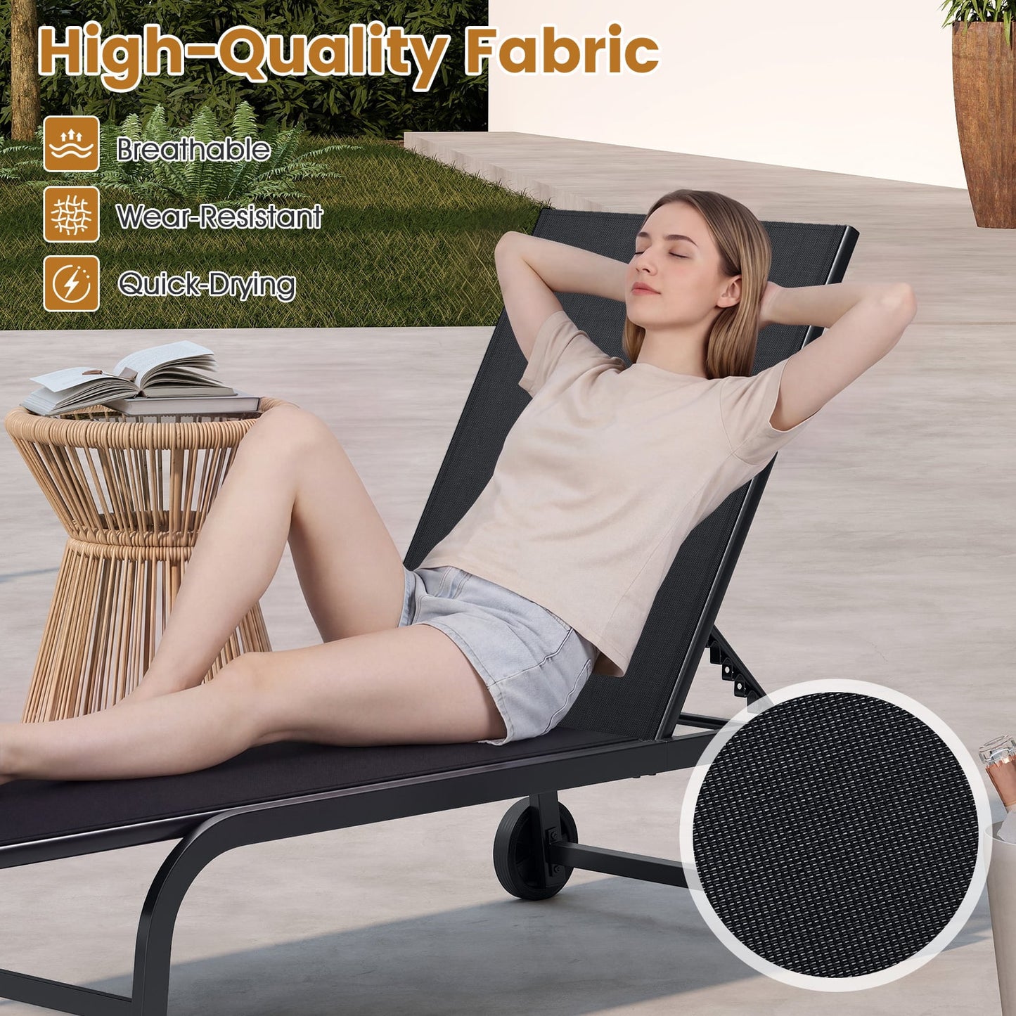 1 Piece Outdoor Chaise Lounge Chair with Wheels for Balcony Deck-Black