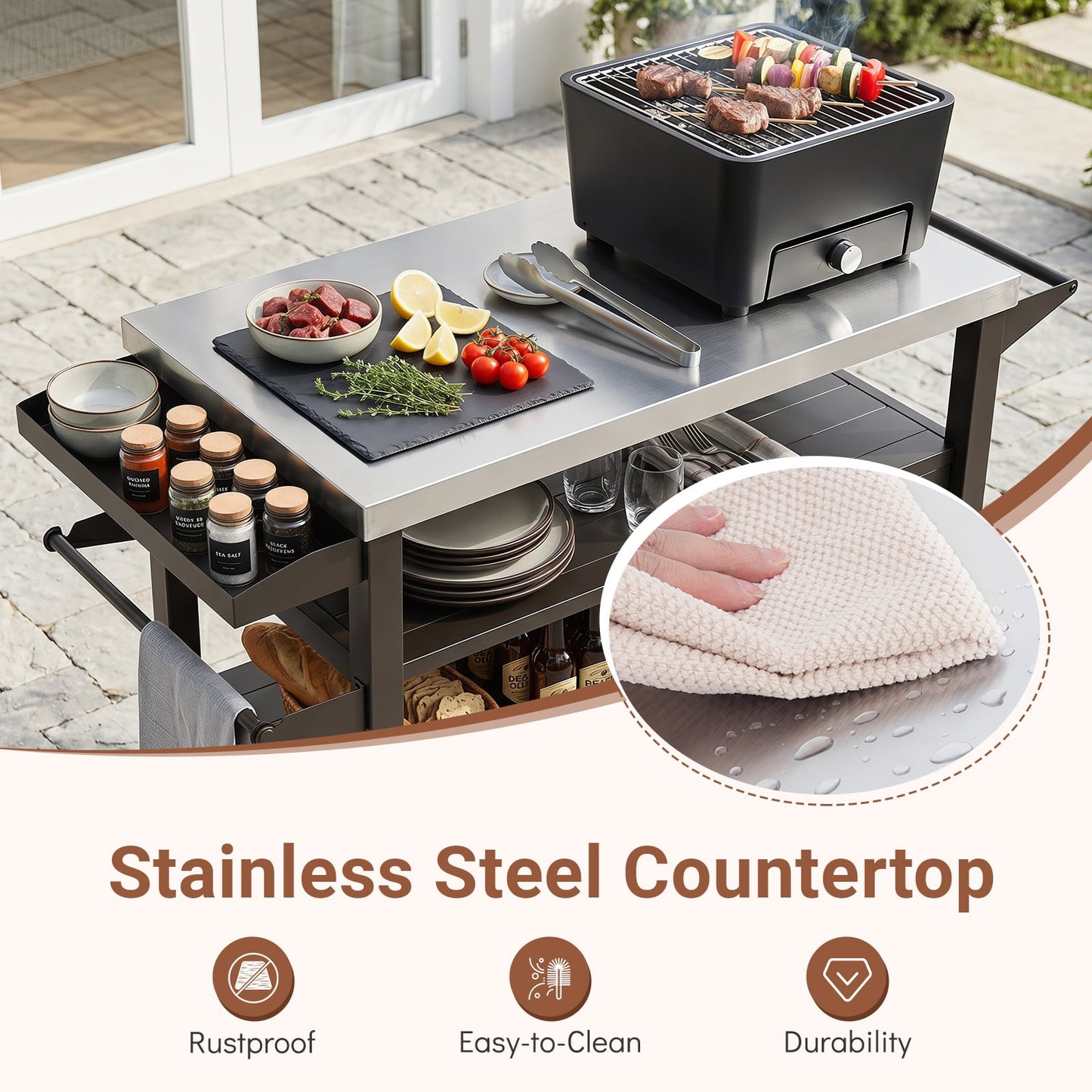 Outdoor Grill Cart Movable Prep Table with Storage Cabinet