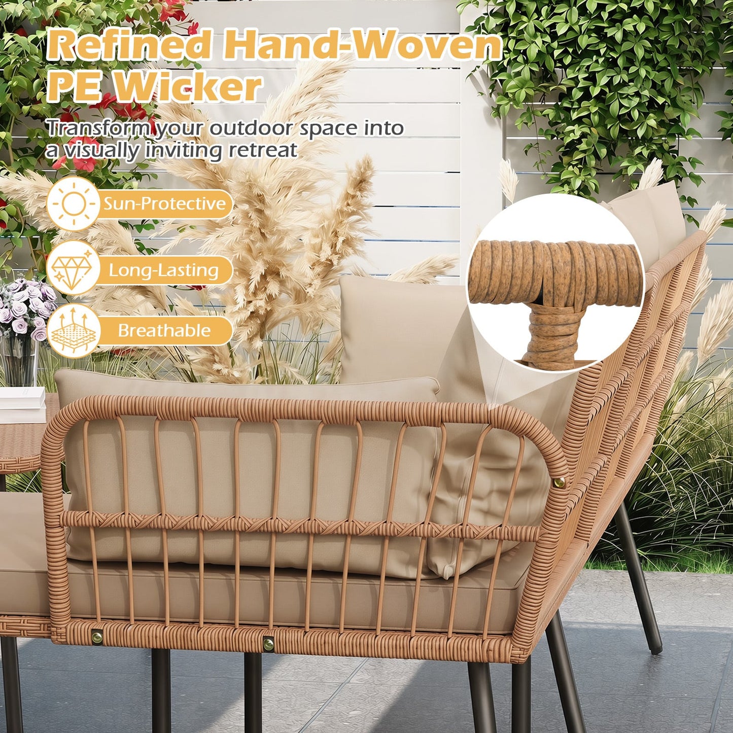 Outdoor L Shape Sofa Set with Coffee Table and Removable Cushions for Porch-Brown
