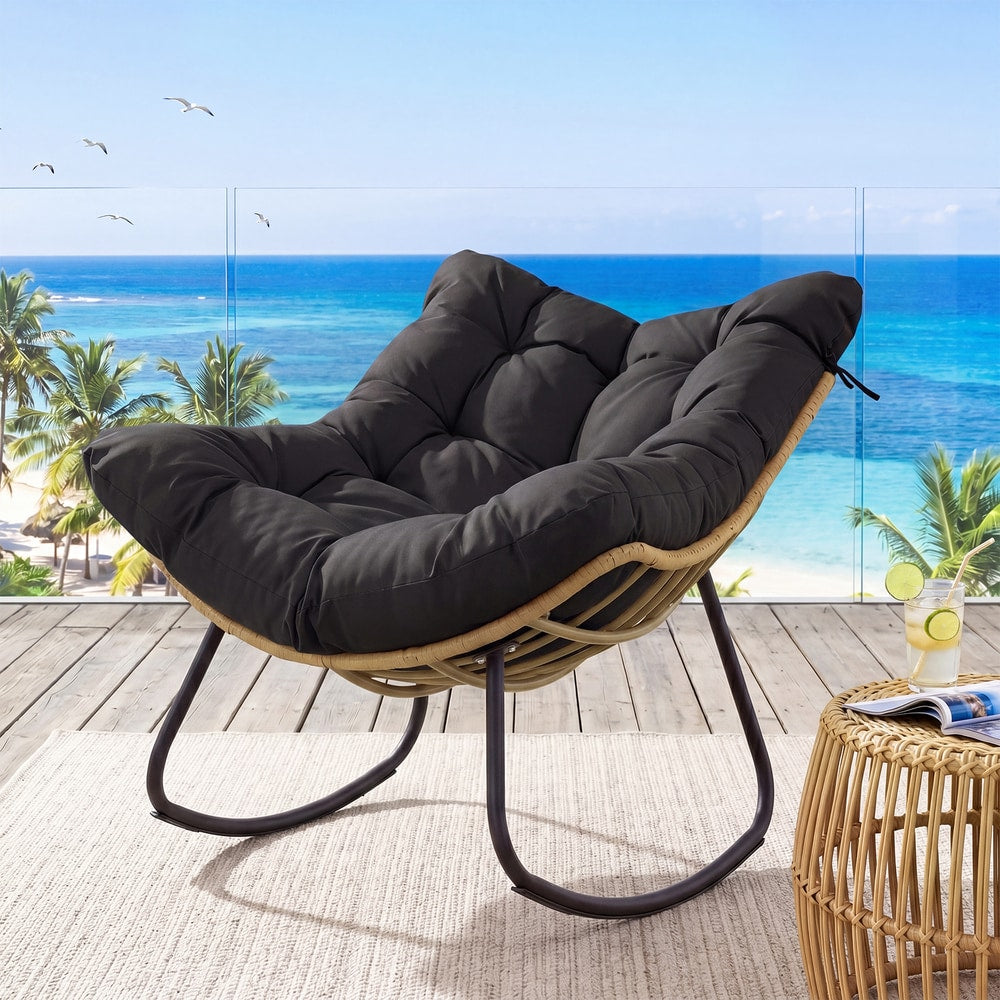 Outdoor Papasan Rocking Chair Oversized PE Wicker Patio Egg Chair with Thick Cushion-Black