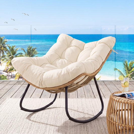 Outdoor Papasan Rocking Chair Oversized PE Wicker Patio Egg Chair with Thick Cushion-White