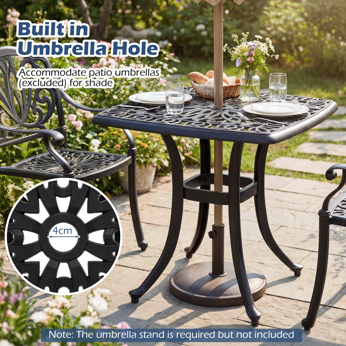 Outdoor Square Cast Aluminum Patio Side Table with Umbrella Hole-Black