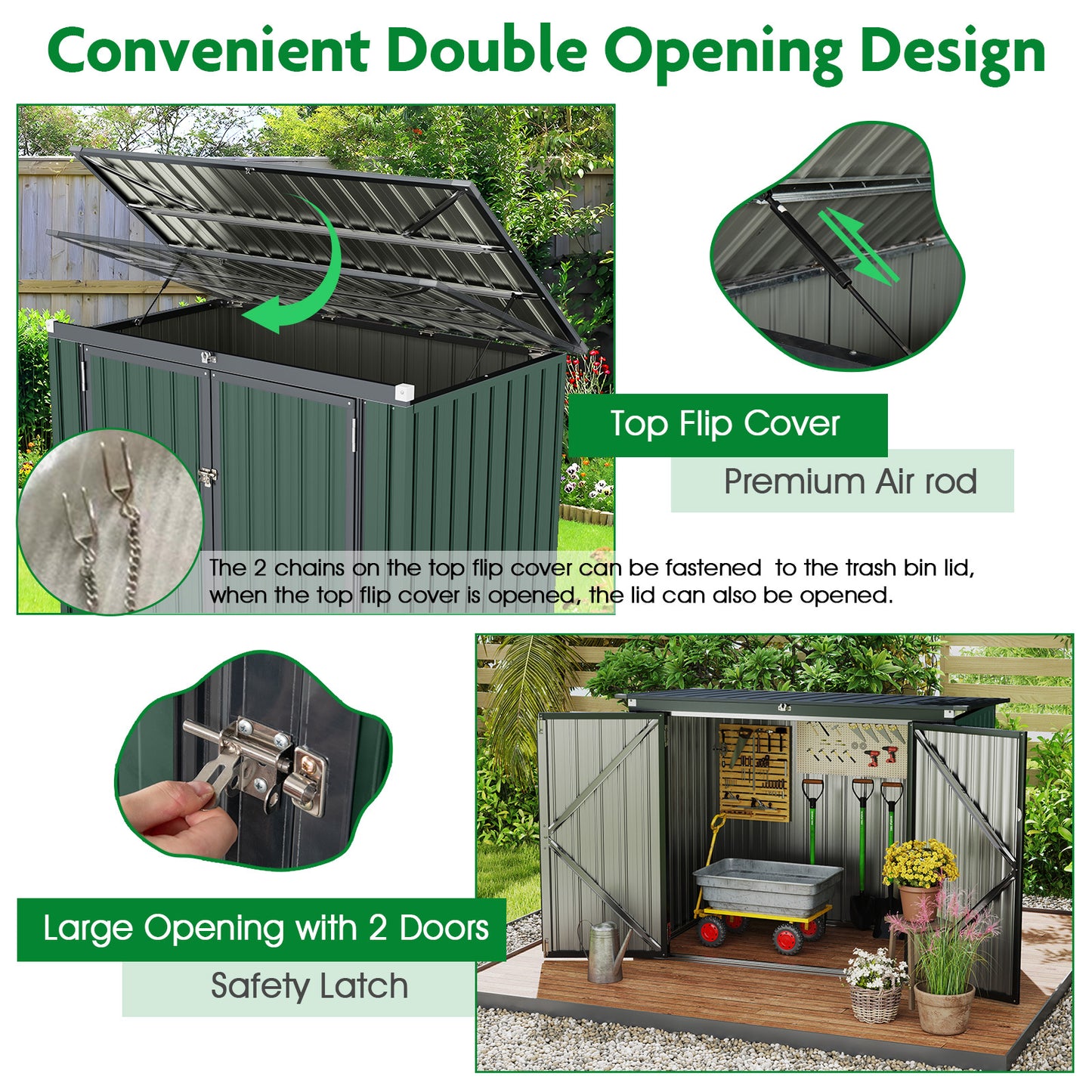 Outdoor Trash Can Storage Shed with Double Openings-Green