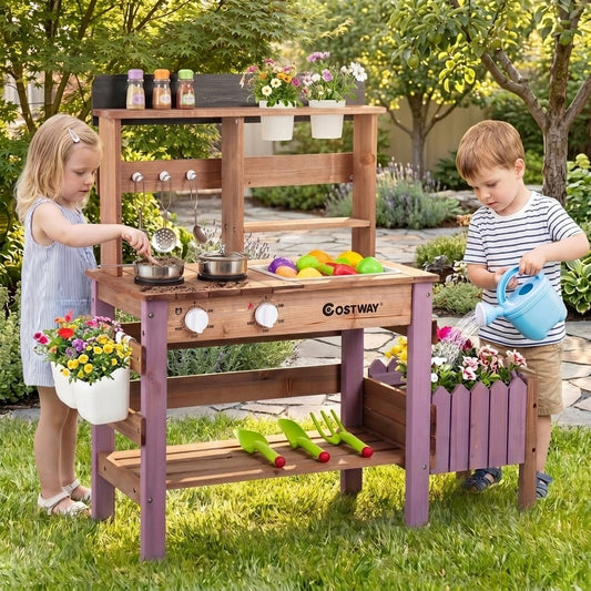 Outdoor Wooden Mud Kitchen Set with Cookware Planter Box and Gardening Accessories-Purple