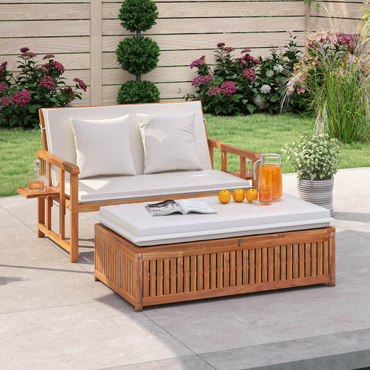Outdoor Daybed Acacia Wood Loveseat with Storage Ottoman and Cushions-White