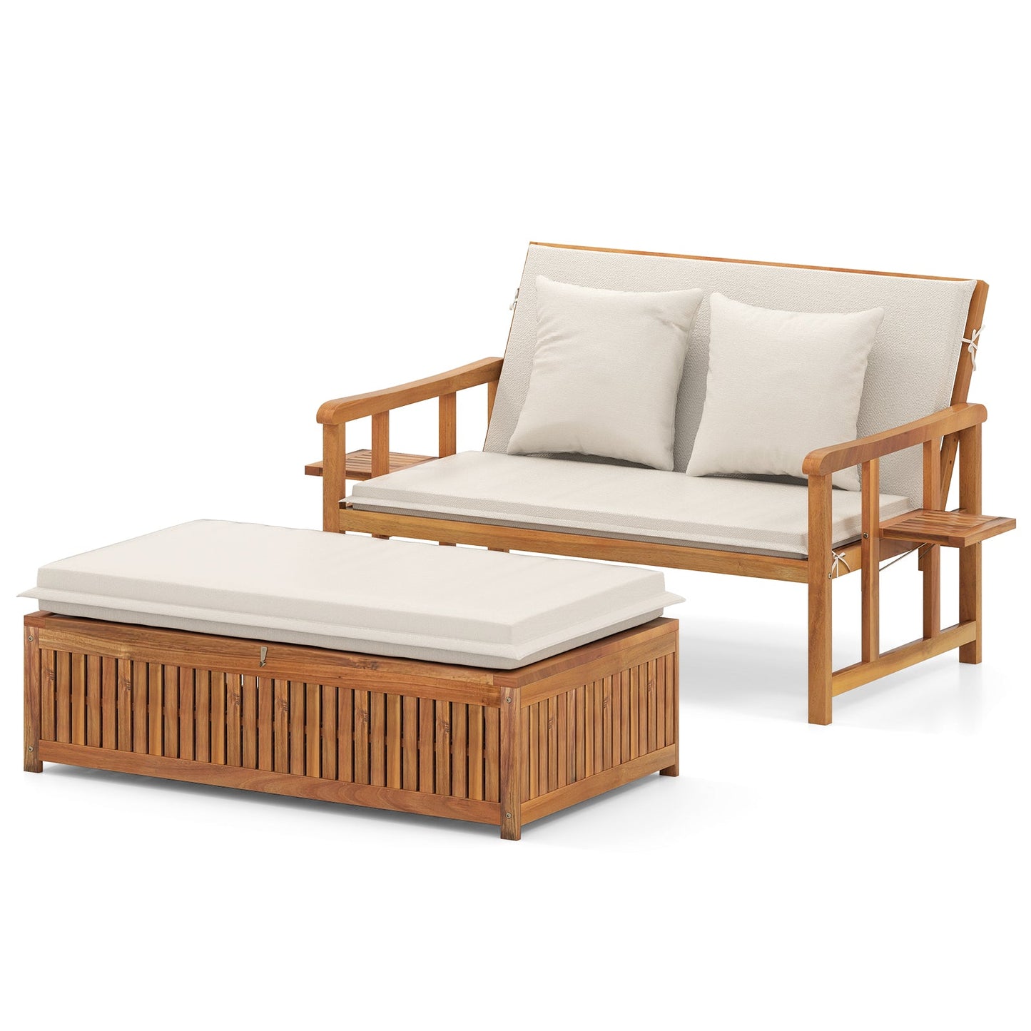 Outdoor Daybed Acacia Wood Loveseat with Storage Ottoman and Cushions-White
