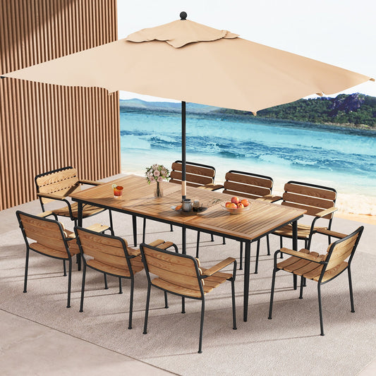 Outdoor Dining Table for 8 with Umbrella Hole, Metal Frame and Adjustable Foot Pads