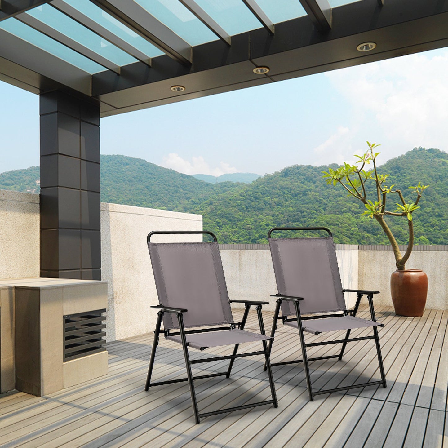 Outdoor Folding Sling Chairs Set of 2 for Balcony, Garden, Poolside-Grey
