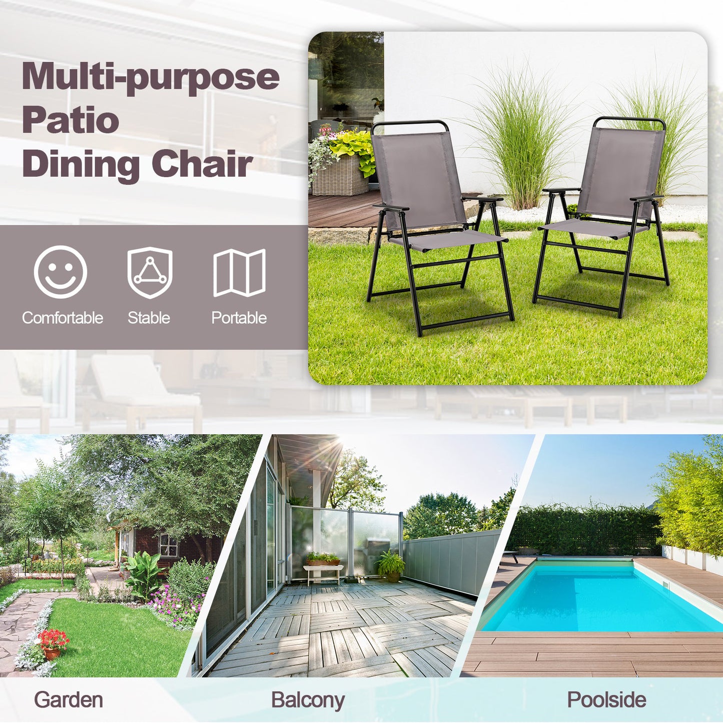 Outdoor Folding Sling Chairs Set of 2 for Balcony, Garden, Poolside-Grey