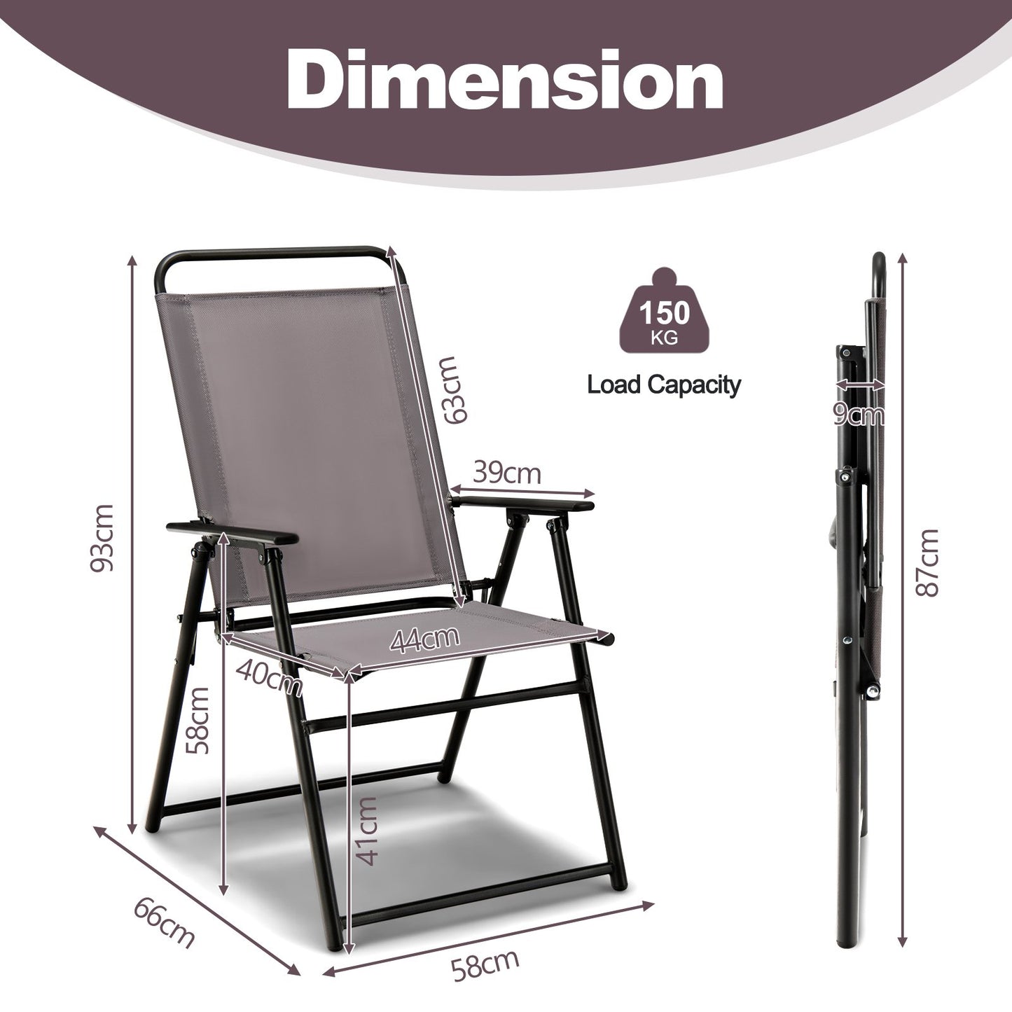 Outdoor Folding Sling Chairs Set of 2 for Balcony, Garden, Poolside-Grey