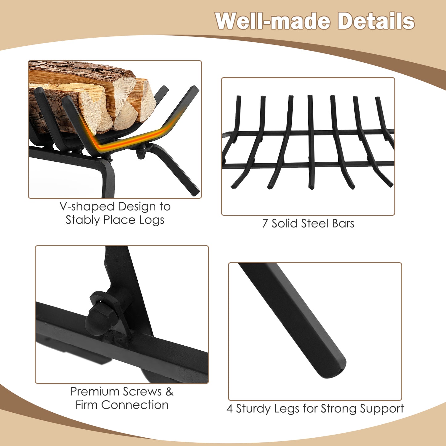 Outdoor Grill Fireplace Log Grate Holder with 7 Steel Bars-S