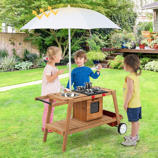 Wooden Kids Play Trolley with Umbrella and Storage Cabinet-White