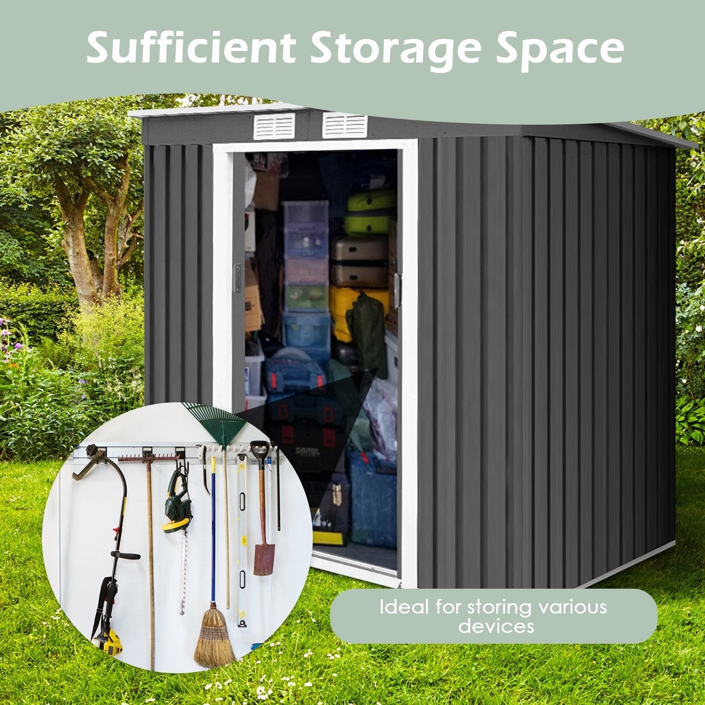 Outdoor Metal Garden Storage Shed with Sloping Roof-Dark Grey