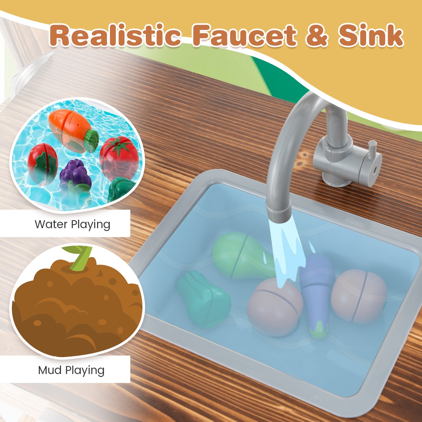 Outdoor Mud Kitchen for Kids with Rotatable Faucet and Removable Sink-Natural