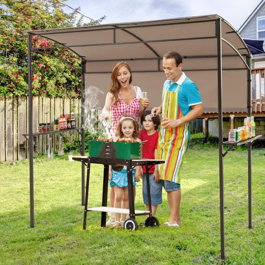 Outdoor Patio BBQ Canopy with Metal Shelves and Hooks-Brown