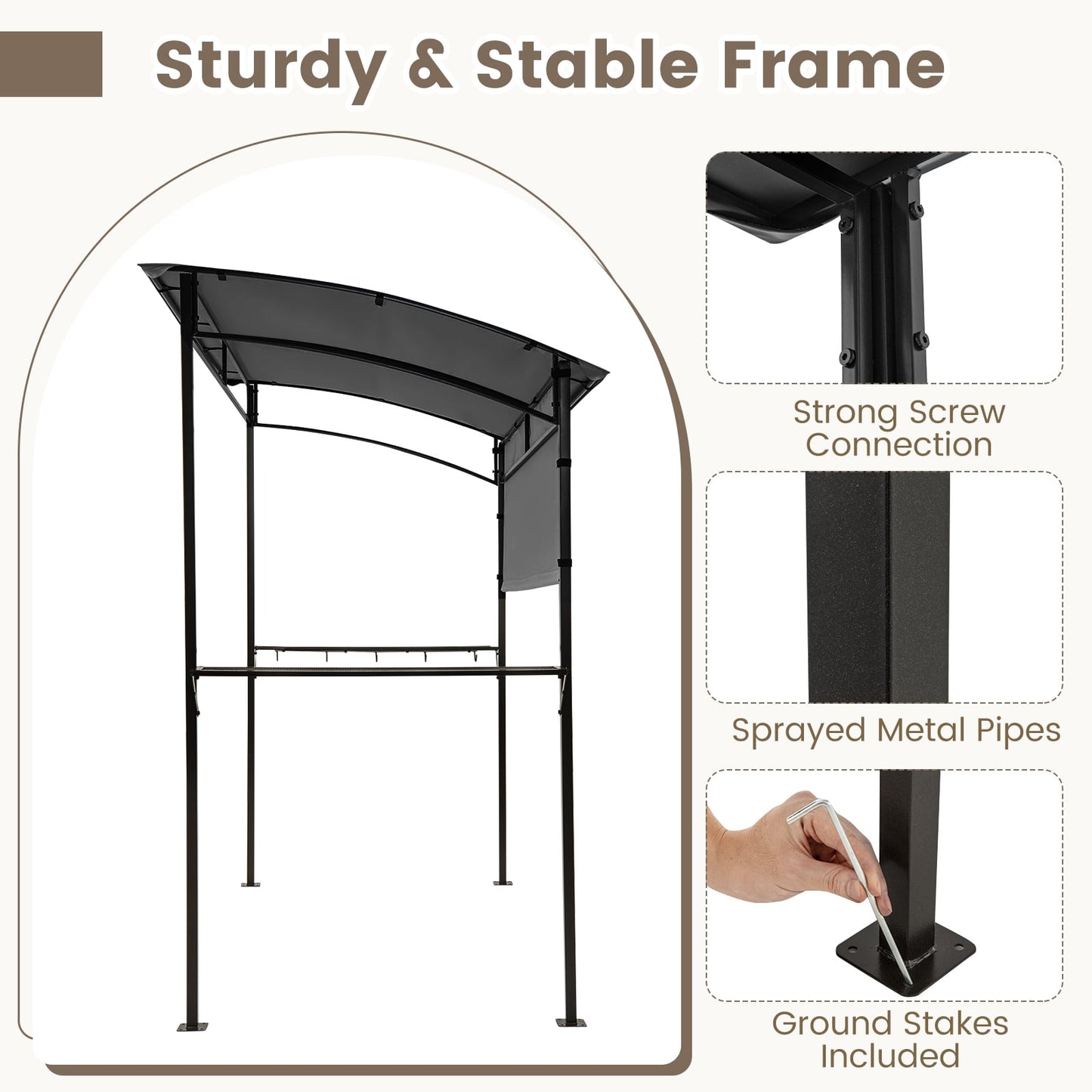 Outdoor Patio BBQ Canopy with Metal Shelves and Hooks-Grey