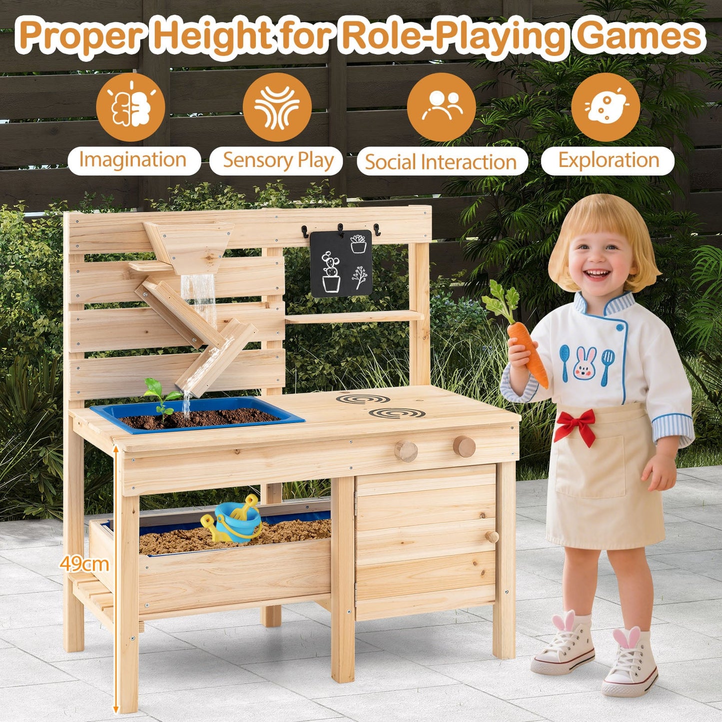 Outdoor Play Kitchen with Detachable Sandbox and Storage Shelf for Aged 3-8-Natural