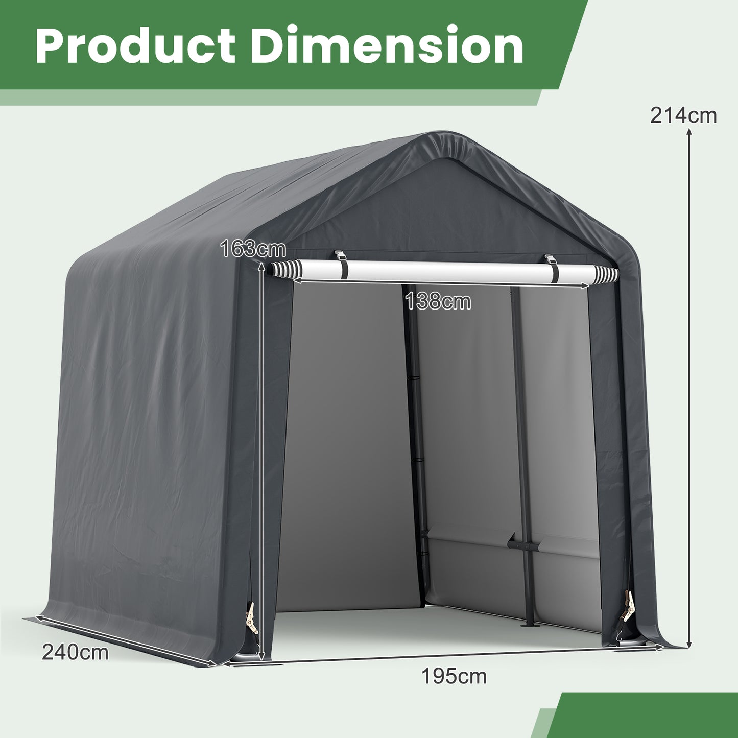 Outdoor Portable Storage Shelter with Roll up Zipper Door-Grey