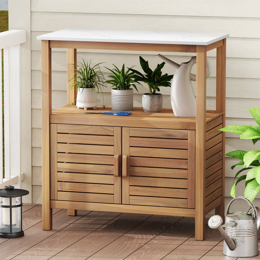 Outdoor Potting Bench with Resin Tabletop and Storage Shelf