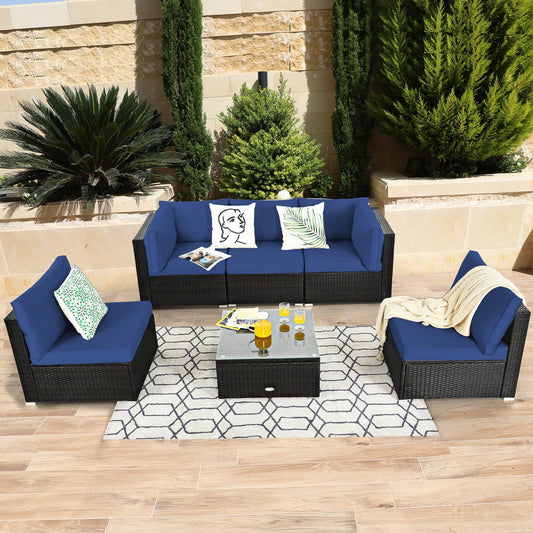 6 Piece Outdoor Rattan Sofa Set with Soft Seat and Back Cushions-Navy