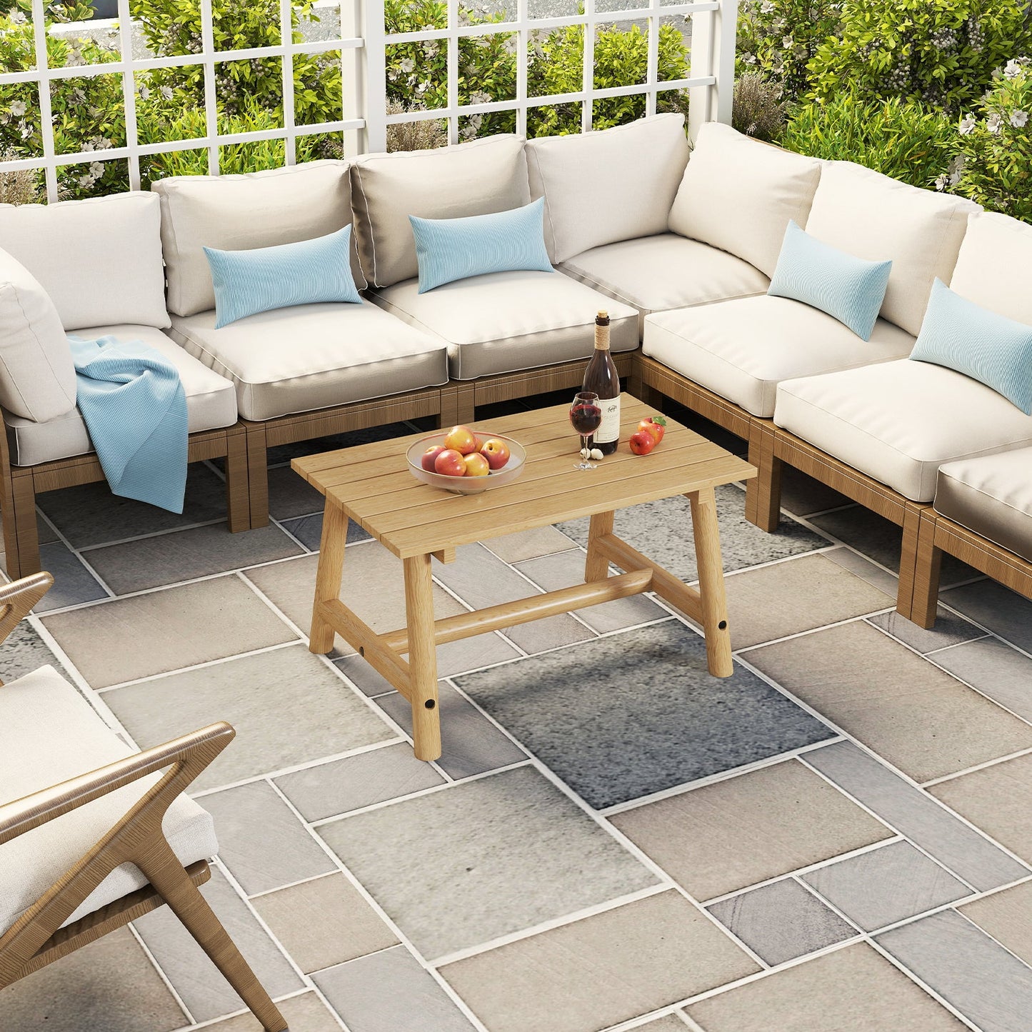 Outdoor Rectangle Coffee Table Solid Wood Patio Table with Slatted Tabletop for Garden Lawn-Natural