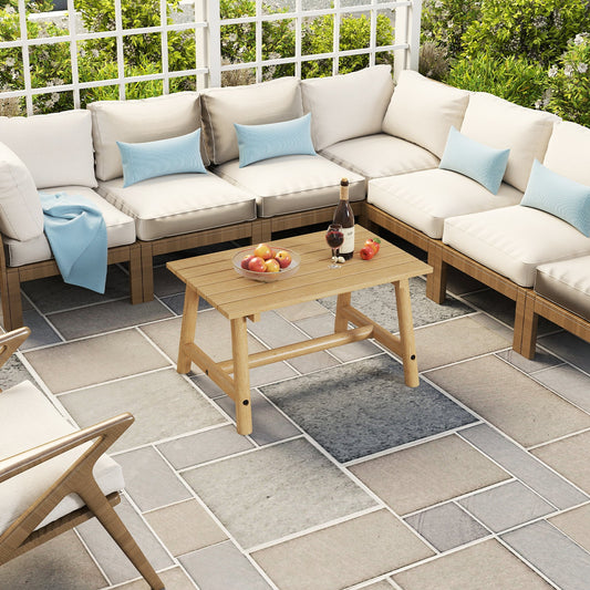 Outdoor Rectangle Coffee Table Solid Wood Patio Table with Slatted Tabletop for Garden Lawn-Natural