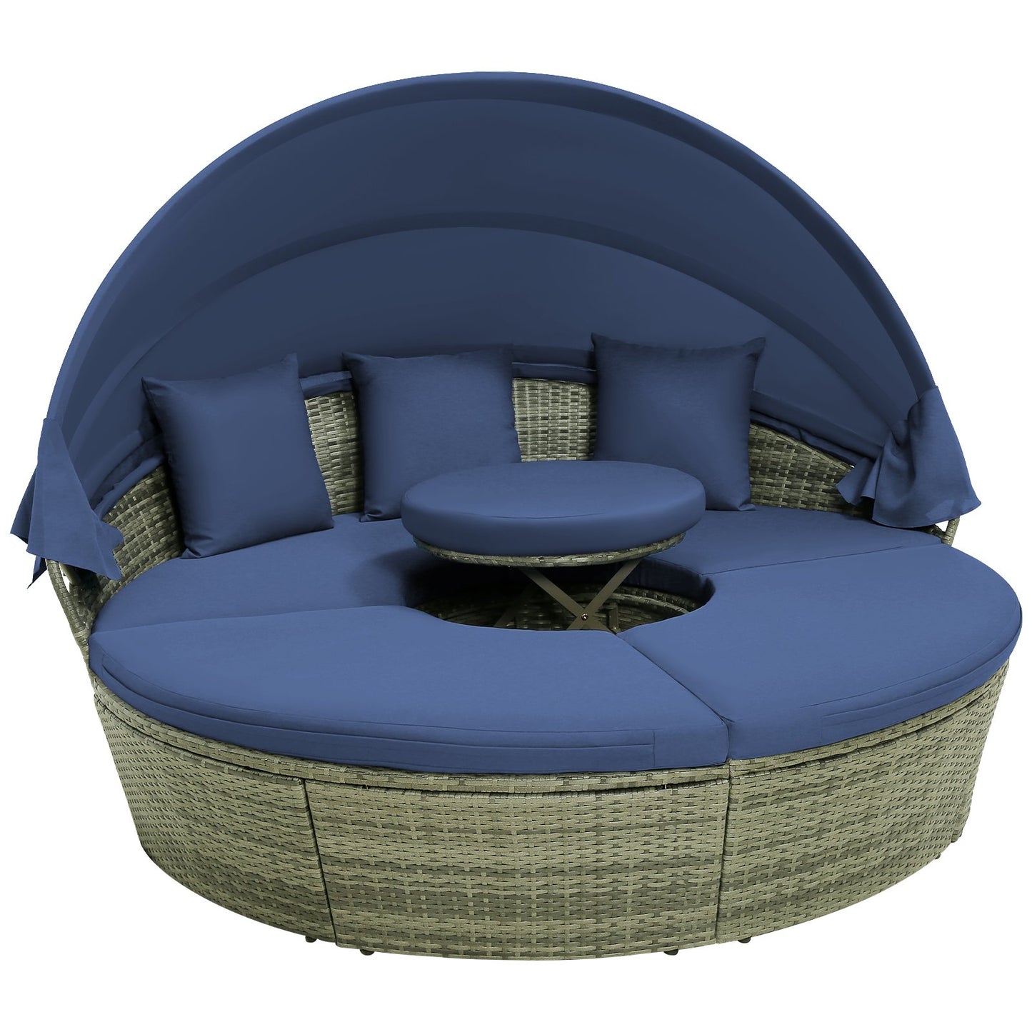 Outdoor Round Daybed with Retractable Canopy for Backyard, Poolside, Lawn-Navy