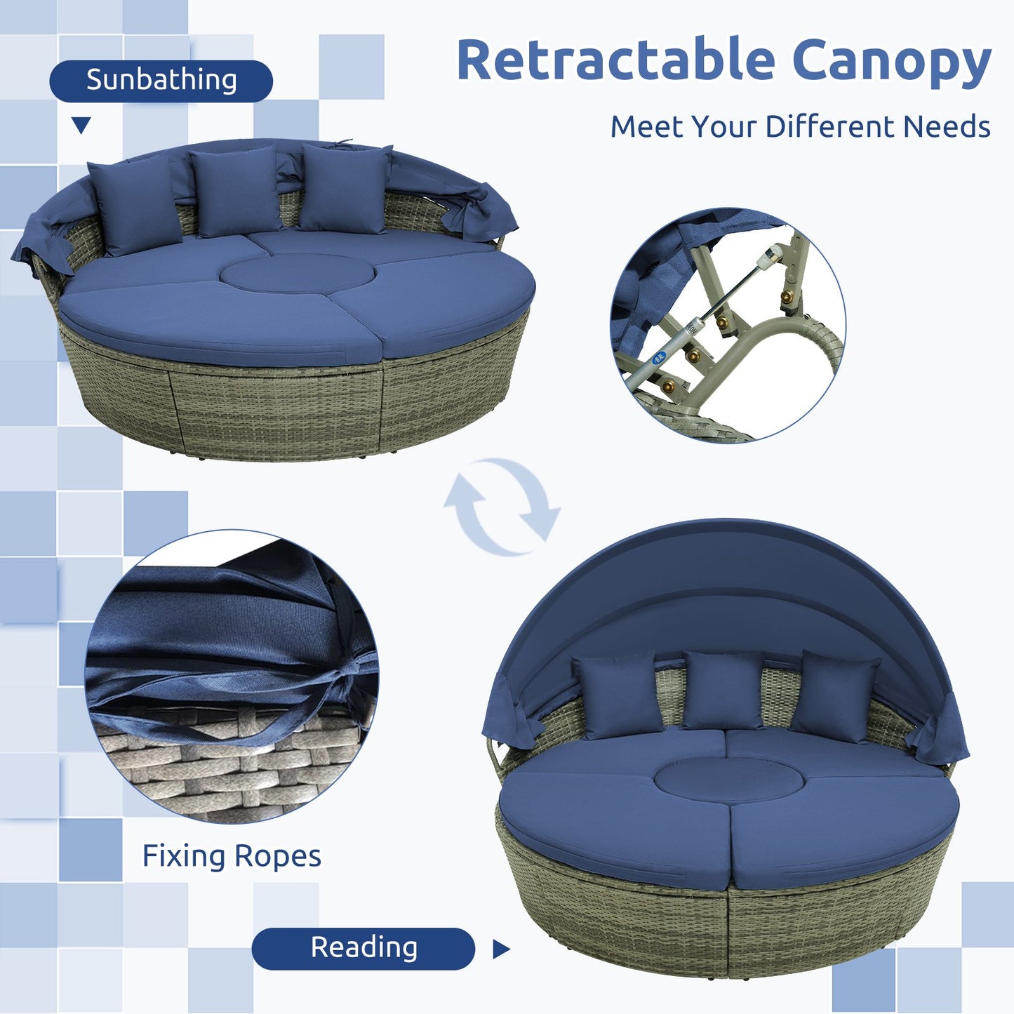 Outdoor Round Daybed with Retractable Canopy for Backyard, Poolside, Lawn-Navy