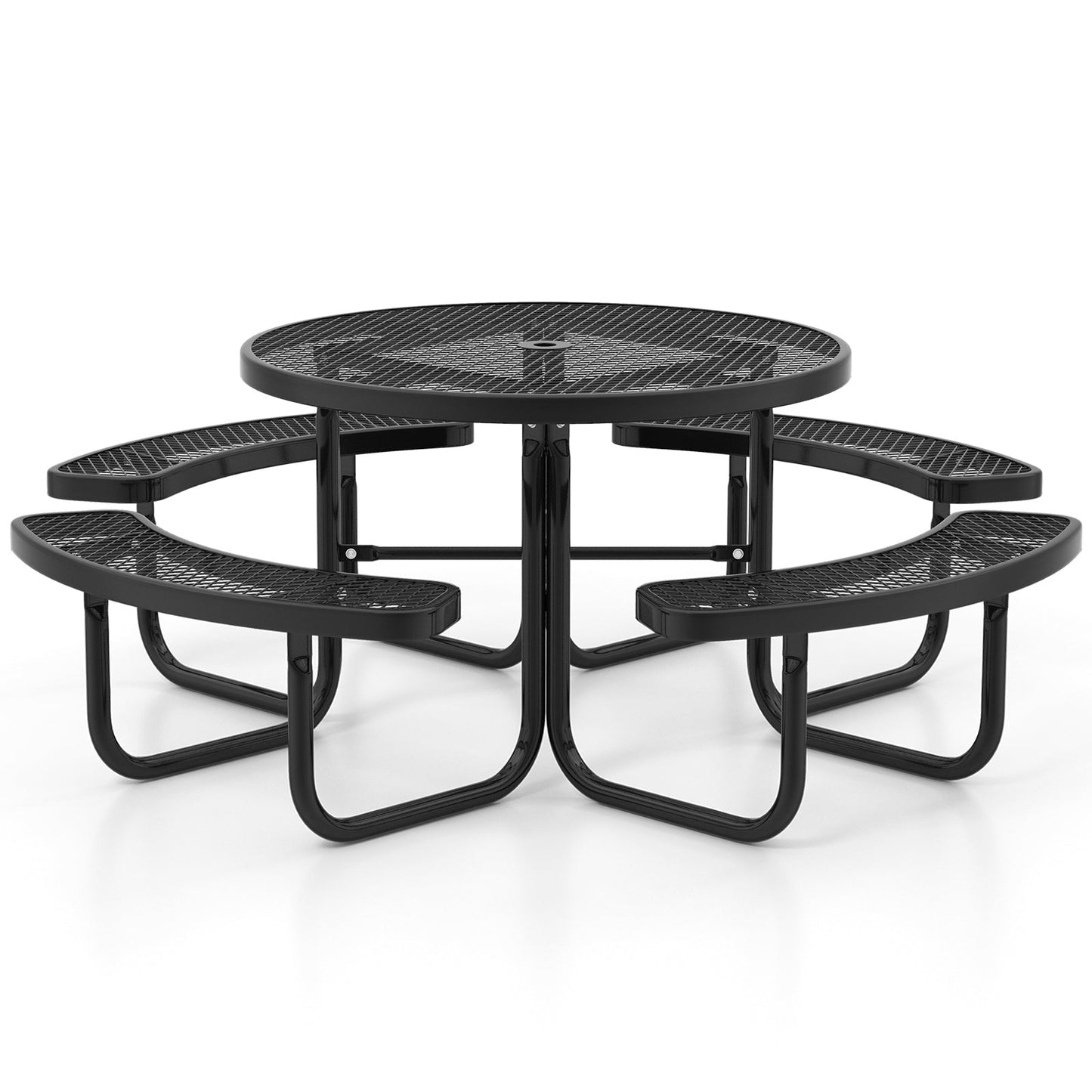 Outdoor Round Picnic Table and Bench Set for 8 with Seats and Umbrella Hole-Black