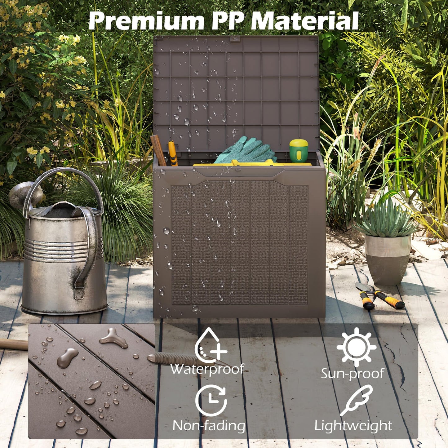 96L Outdoor Storage Box with Lockable Lid and Wicker-woven Texture-Brown