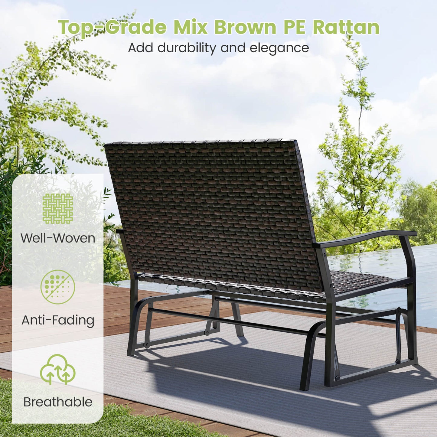 Outdoor Swing Glider Bench 2-Person Rattan Woven Glider Loveseat-Brown