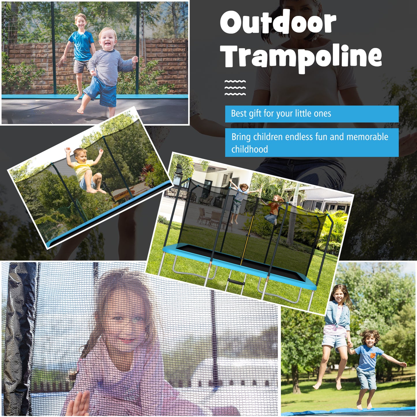 8 FT x 14 FT Rectangular Trampoline with Enclosure Net-Blue