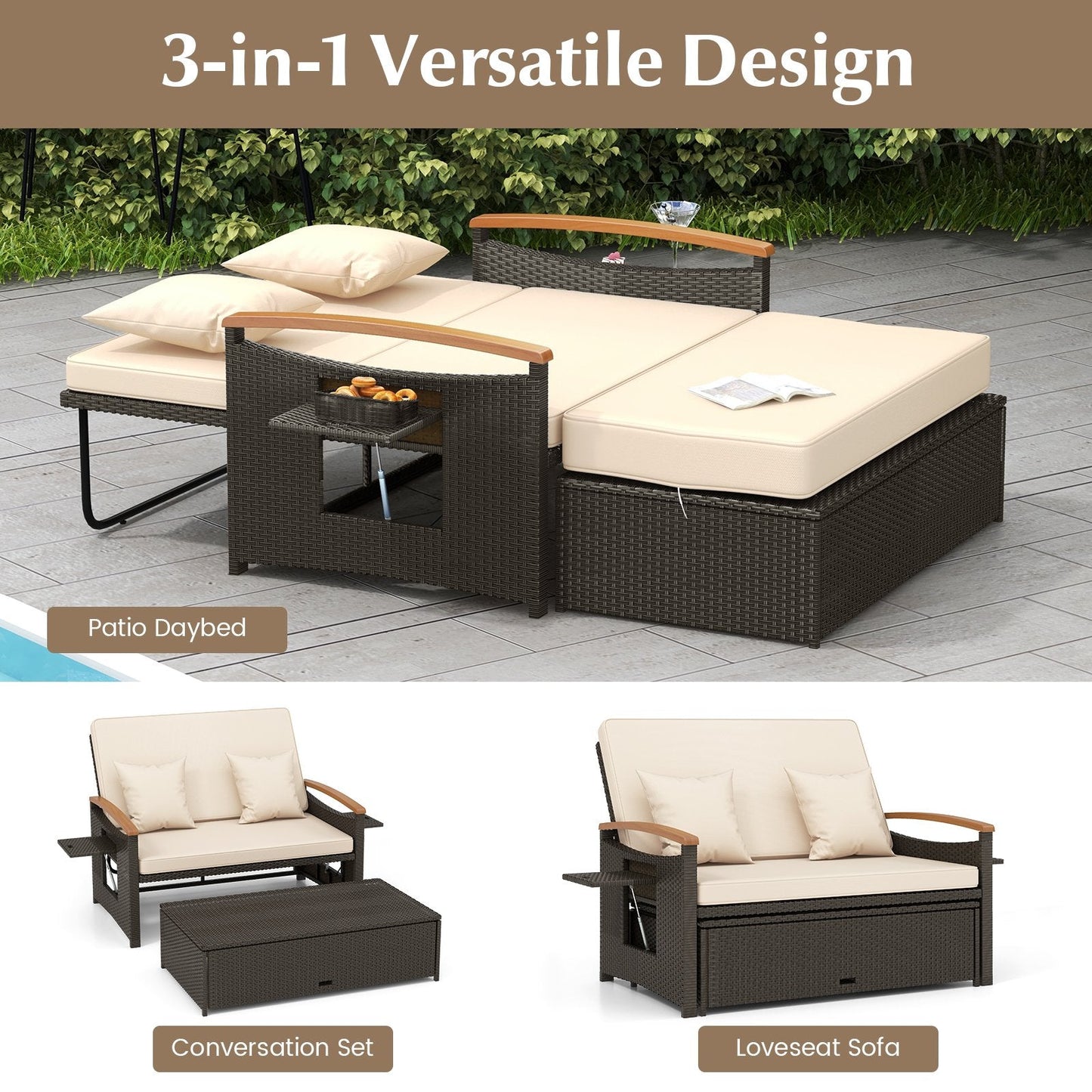 Outdoor Wicker Daybed Rattan Woven Loveseat with Storage Ottoman-Beige