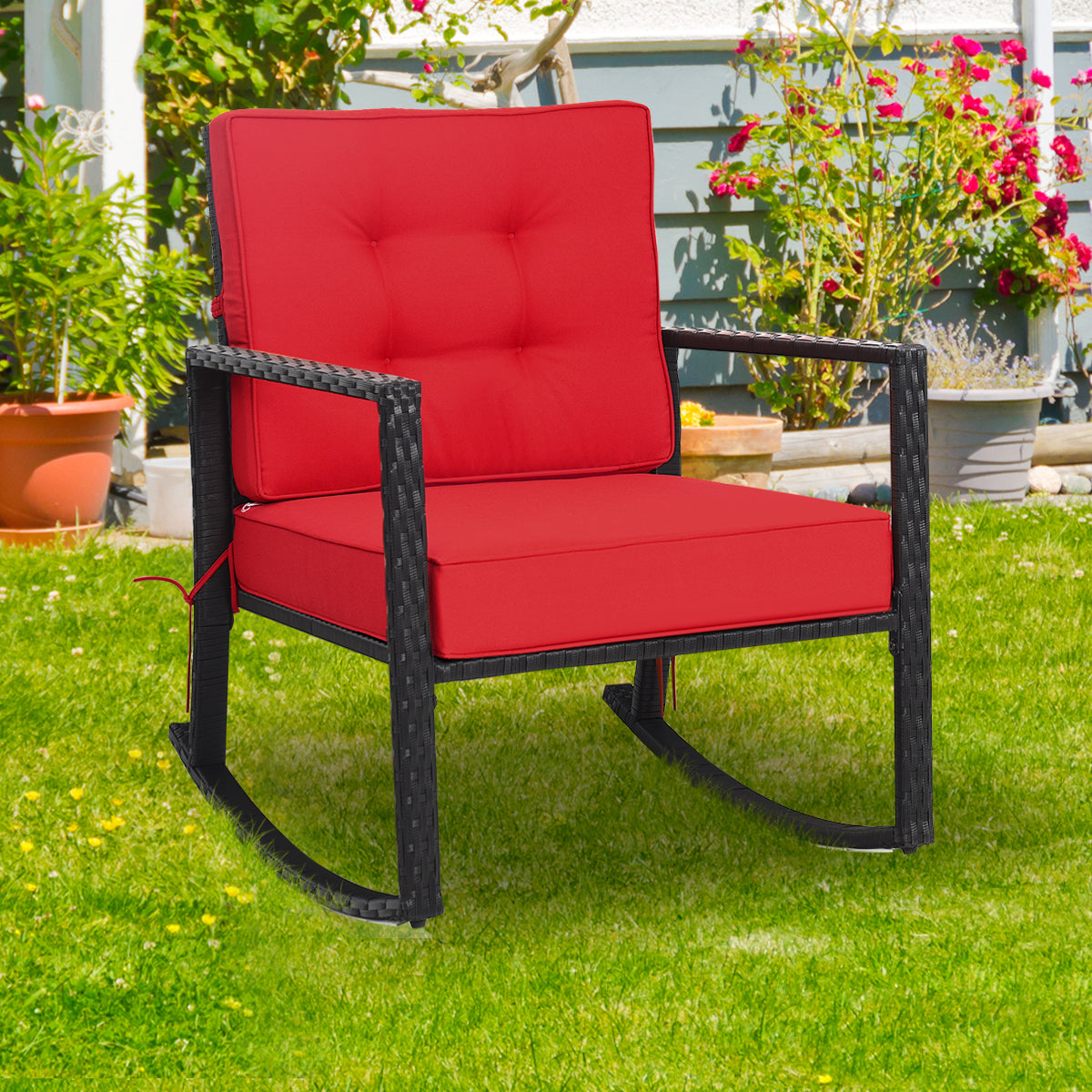 Outdoor Wicker Rocking Chair with Heavy-Duty Steel Frame-Red