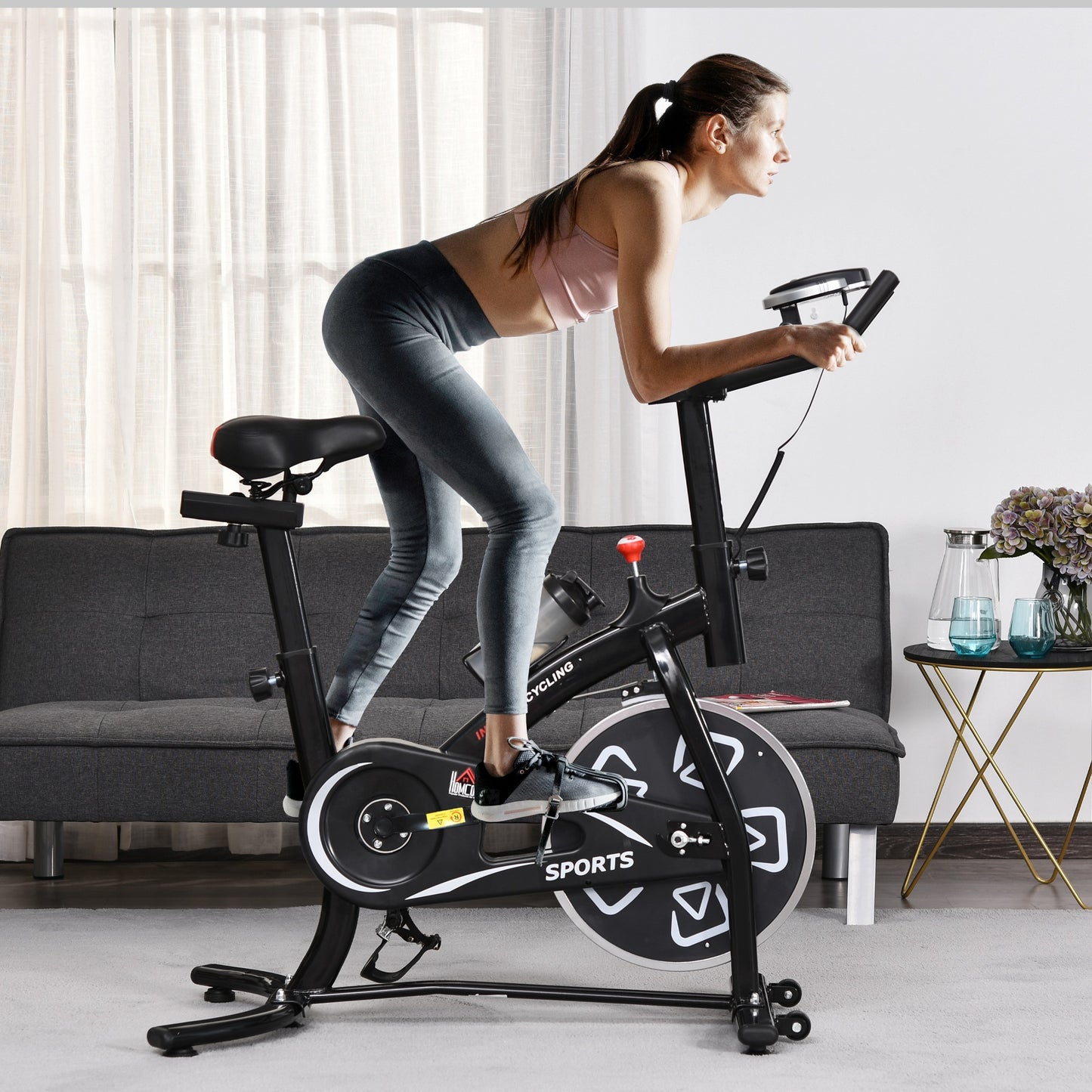 HOMCOM Indoor Stacjonarny rower treningowy 6 kg Flywheel Fitness Cardio Workout Bke Trainer do domowej siłowni z regulowanym oporem Monitor LCD Pad i uchwyt na butelkę Czarny