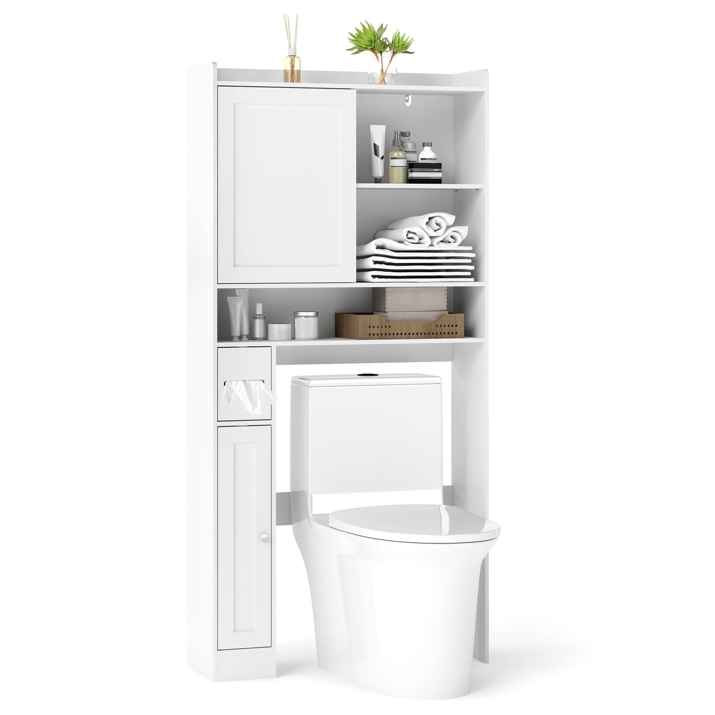 Over-the-Toilet Storage Cabinet Standing Toilet Rack with Sliding Door-White