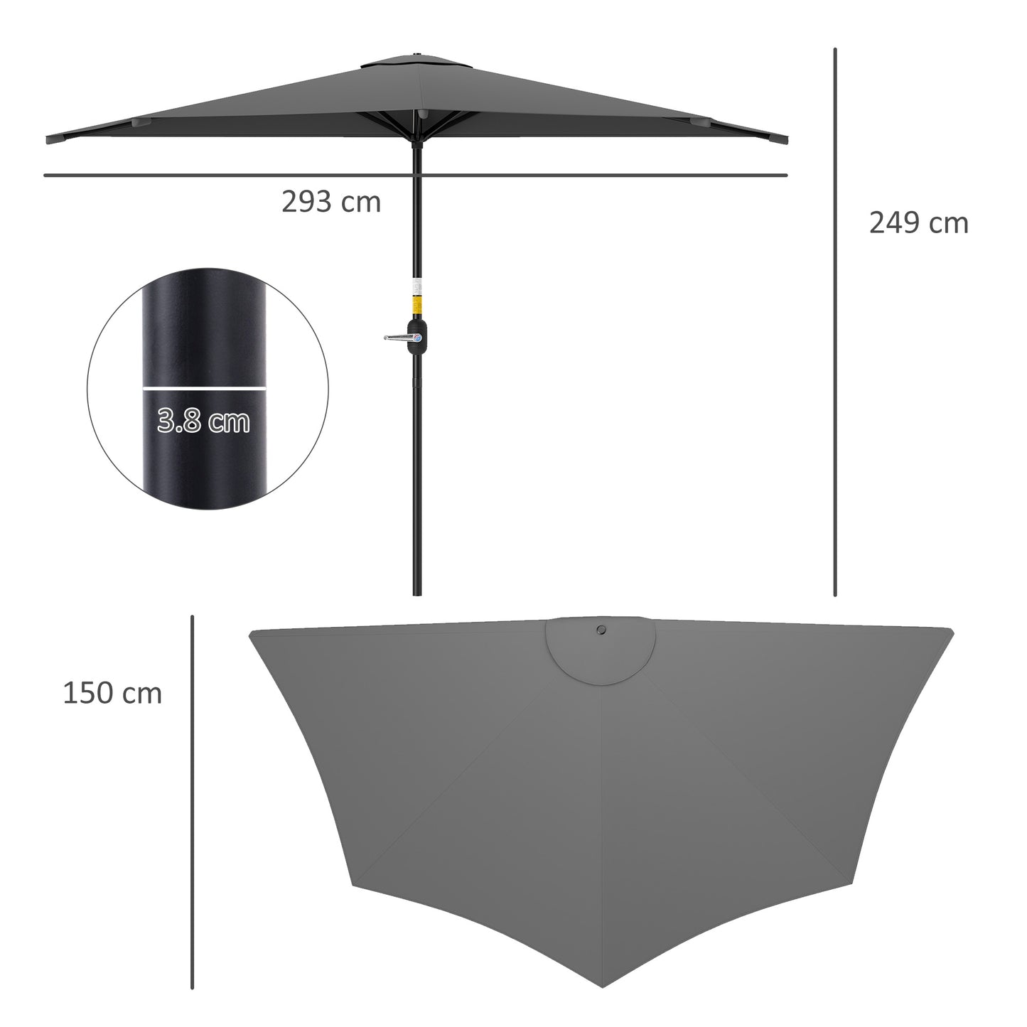 Outsunny 3(m) Półparasol, Półokrągły Parasol z Metalową Stelażem, Korbowy Uchwyt na Balkon, Ogród, Ciemnoszary
