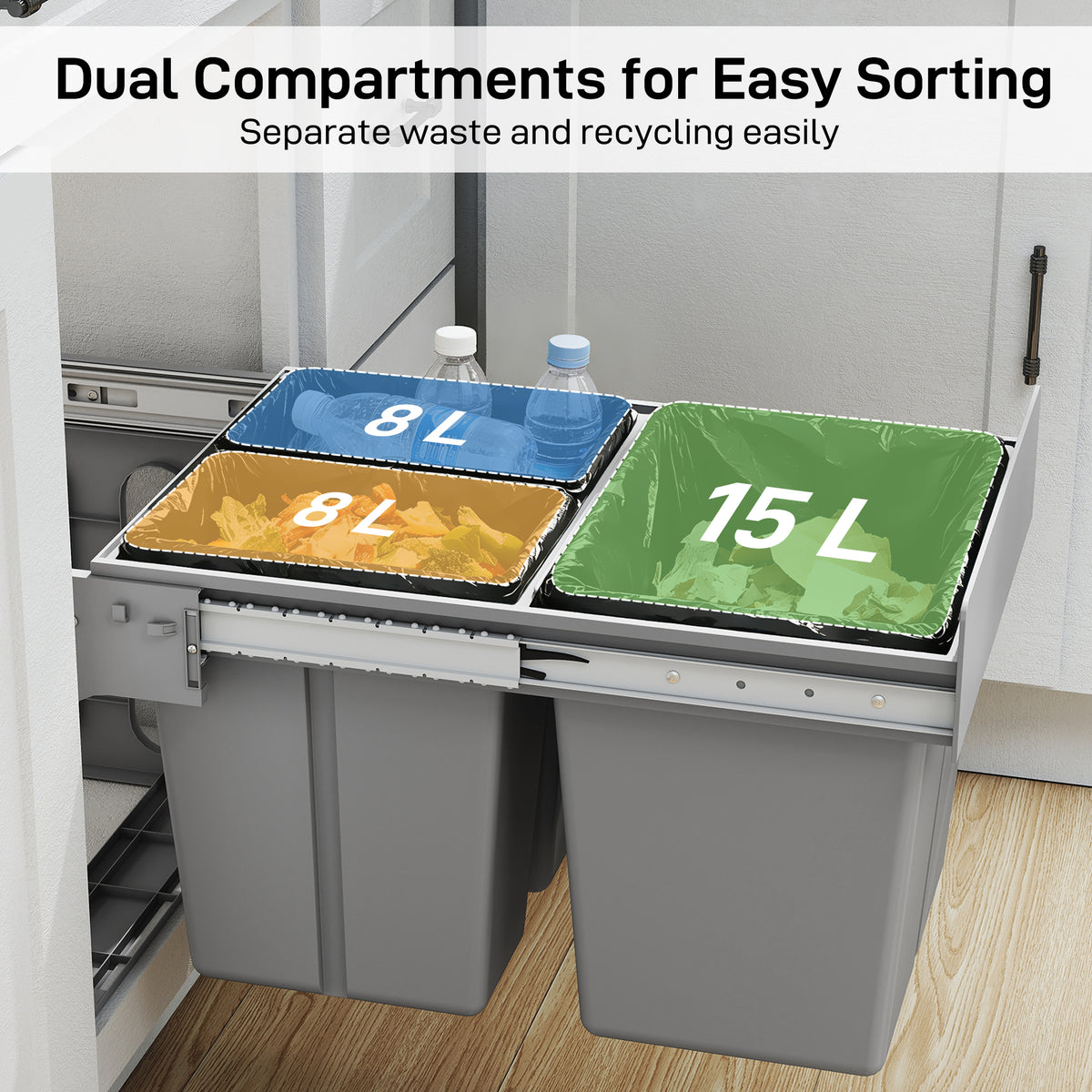 HOMCOM Pull Out Bin, Under Sink Bin - 3 Removable Compartments (15L + 2 x 8L) for 400mm Cabinets, Light Grey