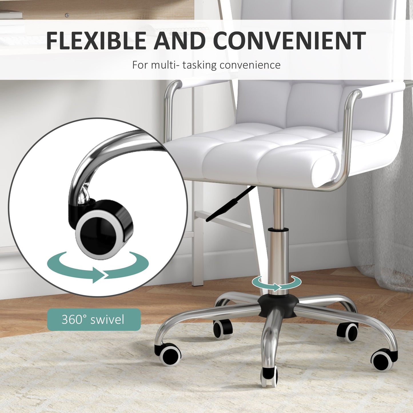 Zestaw HOMCOM Home Office Chair i Computer Desk, Fotel biurowy ze sztucznej skóry z kółkami obrotowymi, Biurko do nauki z półką do przechowywania, Biały