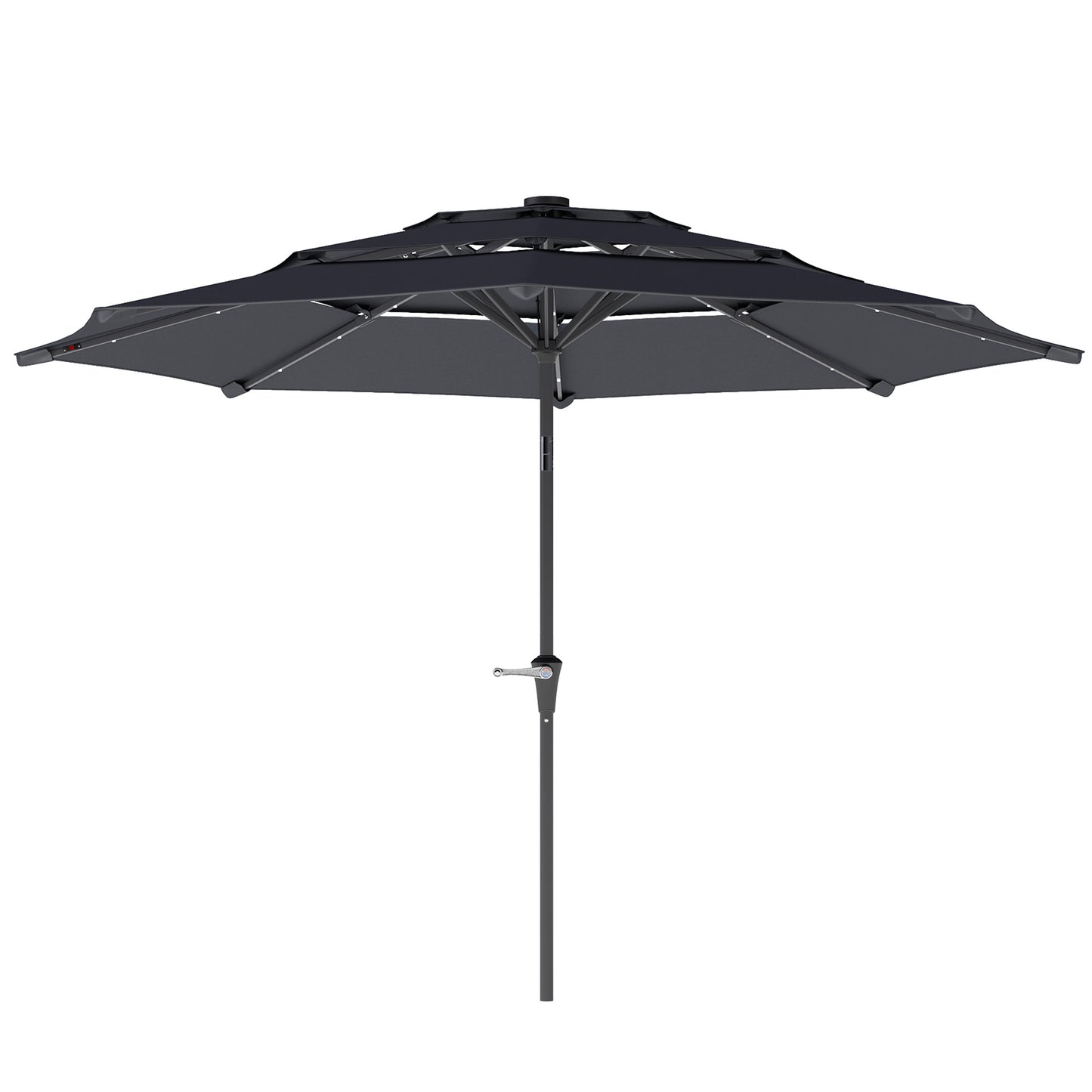 Outsunny 3-poziomowy parasol ogrodowy z lampami LED zasilanymi energią słoneczną, UPF 30+, mechanizmem pochylania i korbą, na taras w kolorze ciemnoszarym