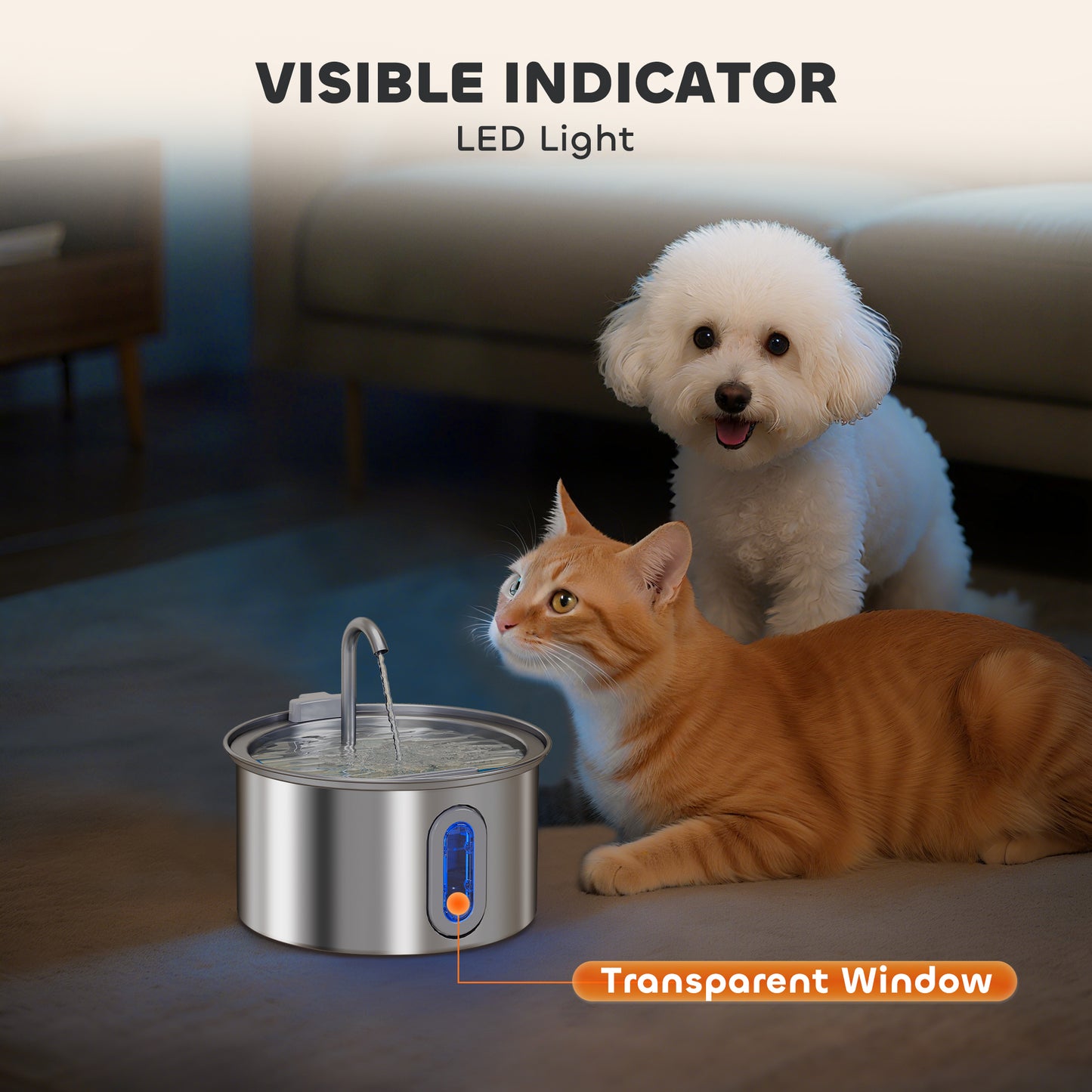 PawHut 2.5L Stainless Steel Cat Water Fountain for Drinking with Ultra-Silent Pump, Water-Level Window, Filters