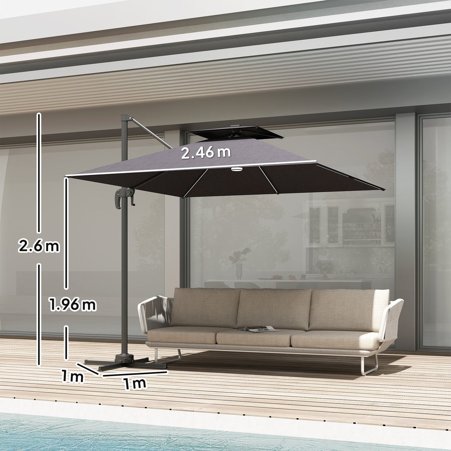 Outsunny 2,5 m parasol wspornikowy z lampami LED zasilanymi energią słoneczną, obrót 360√Ǭ∞, regulacja nachylenia, korba, ciemnoszary