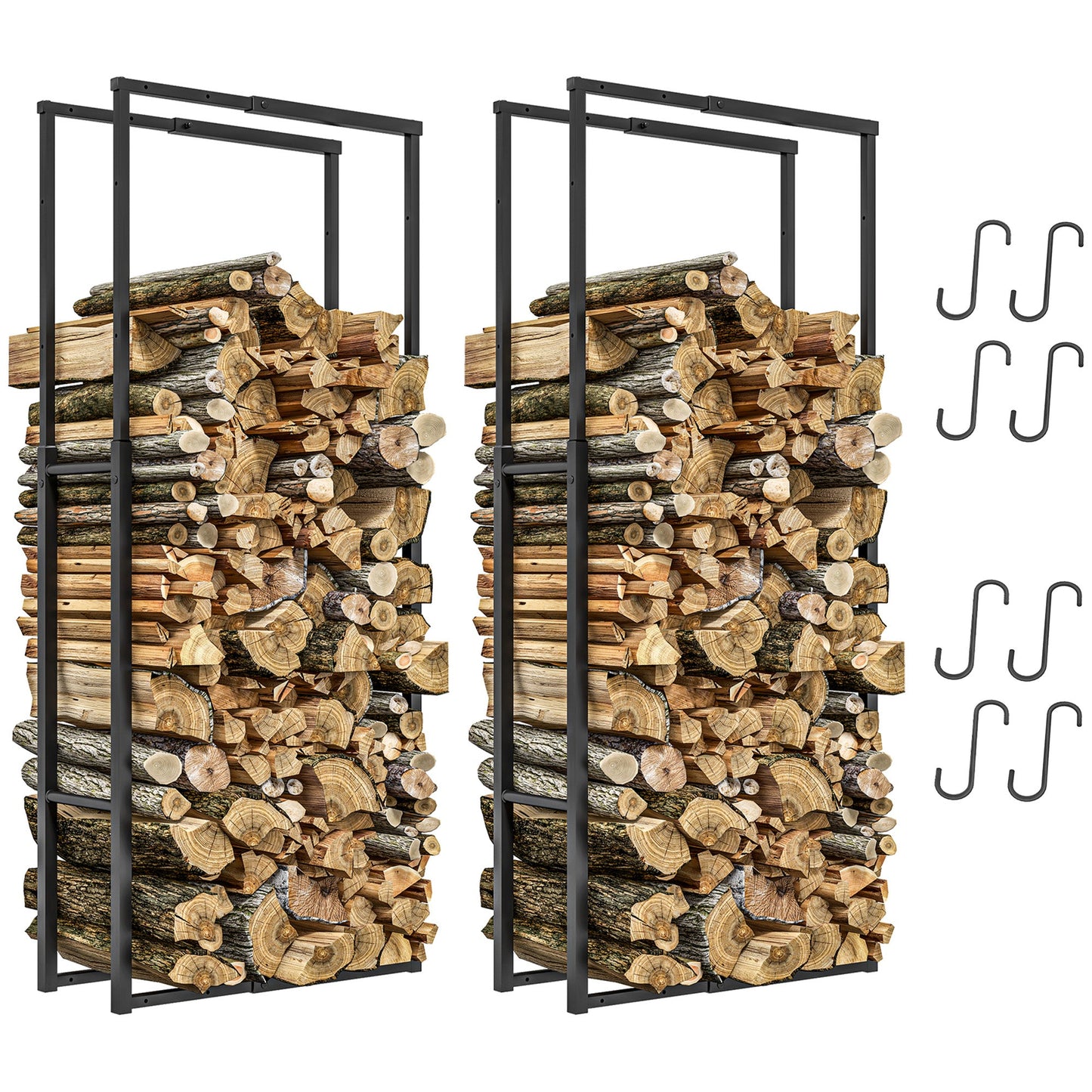 Outsunny Firewood Log Rack Set of 2, chowany metalowy uchwyt do przechowywania drewna, półka do przechowywania drewna do kominka wewnątrz i na zewnątrz z haczykami, 65 x 25 x 150 cm, czarny