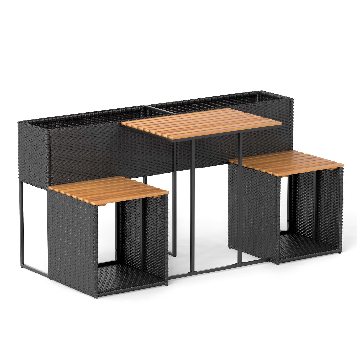 PE Rattan Garden Planter Table with Built-in Chairs and Storage Space