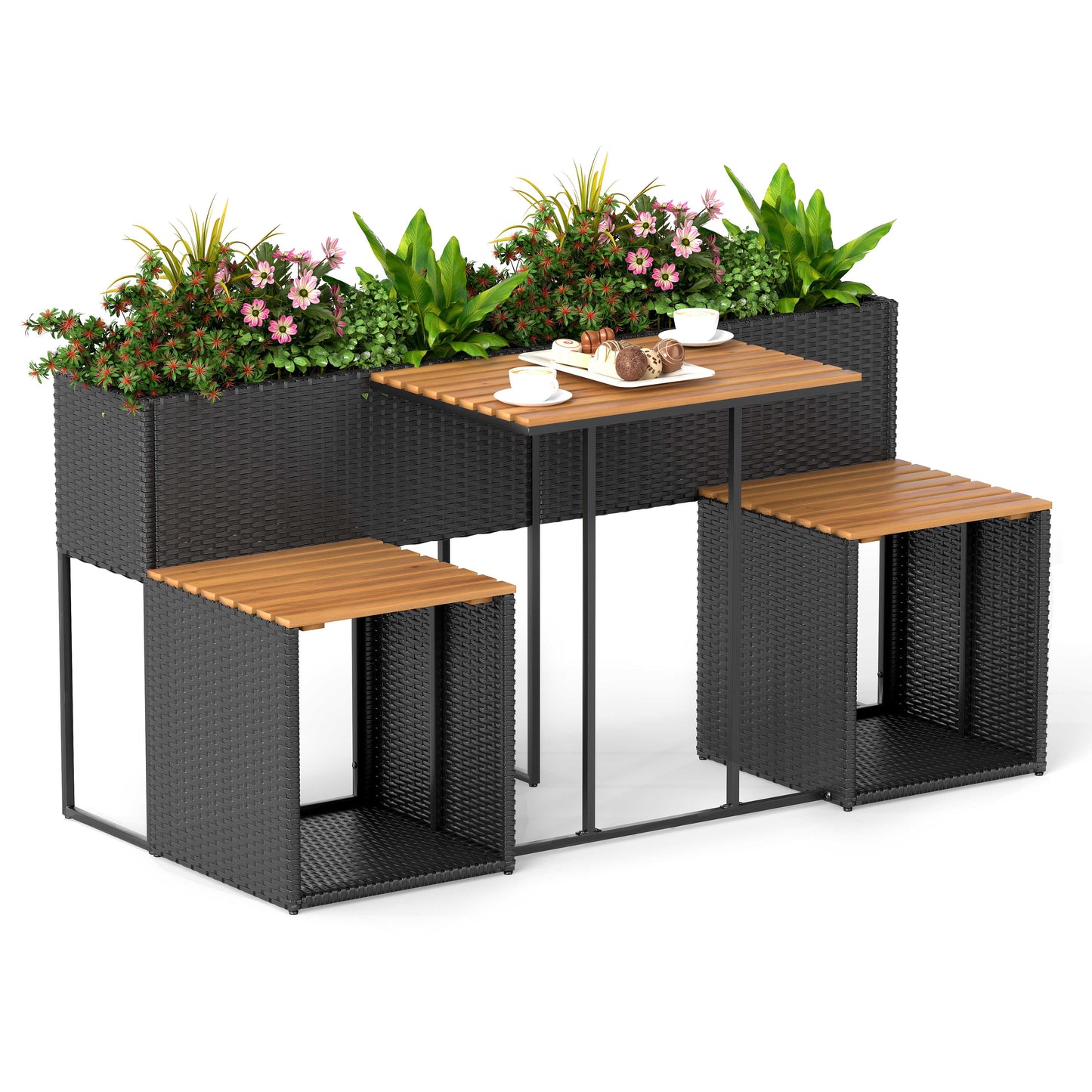 PE Rattan Garden Planter Table with Built-in Chairs and Storage Space