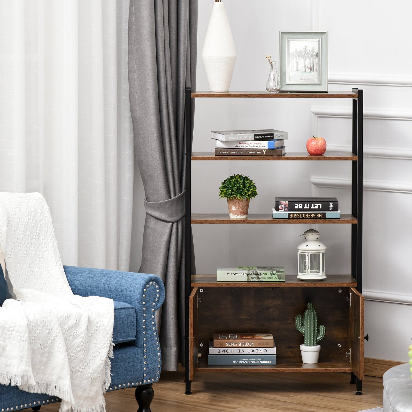 HOMCOM Industrial Bookshelf, szafka do przechowywania z 3 poziomami i drzwiami, do domowego biura, salonu Rustykalny brąz