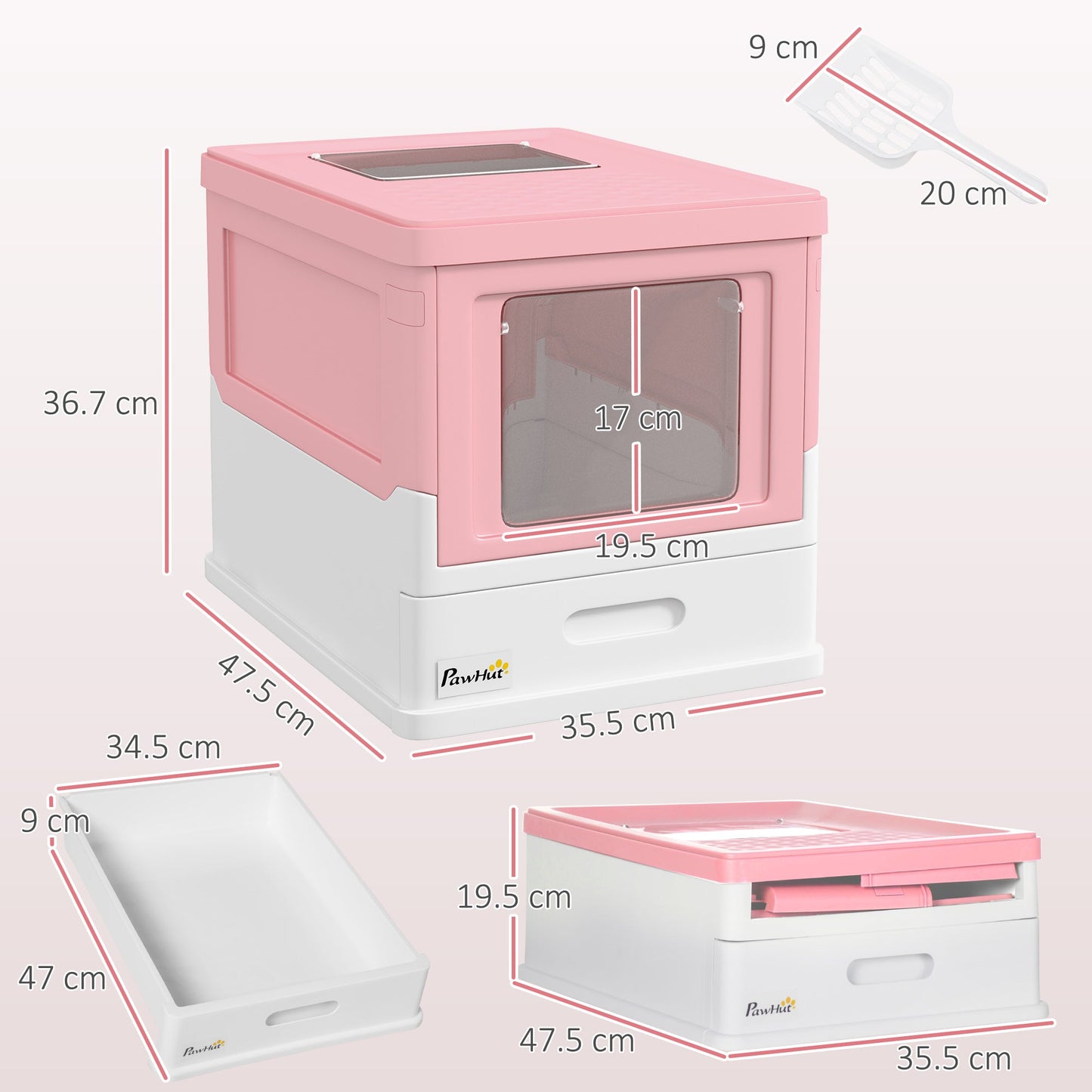 PawHut Hooded Cat Litter Box, przenośna toaleta dla zwierząt, z łopatką, wejście z przodu - różowa