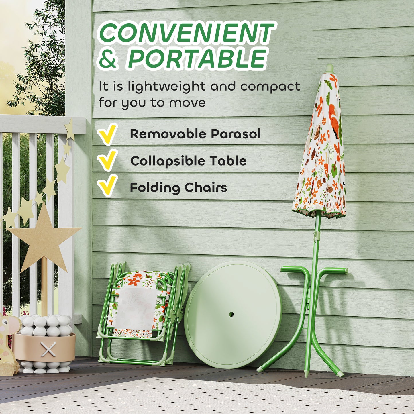 AIYAPLAY 4 Pieces Kids Garden Table and Chair Set with Adjustable Parasol, Folding Chairs, Table, Fox Pattern, Green