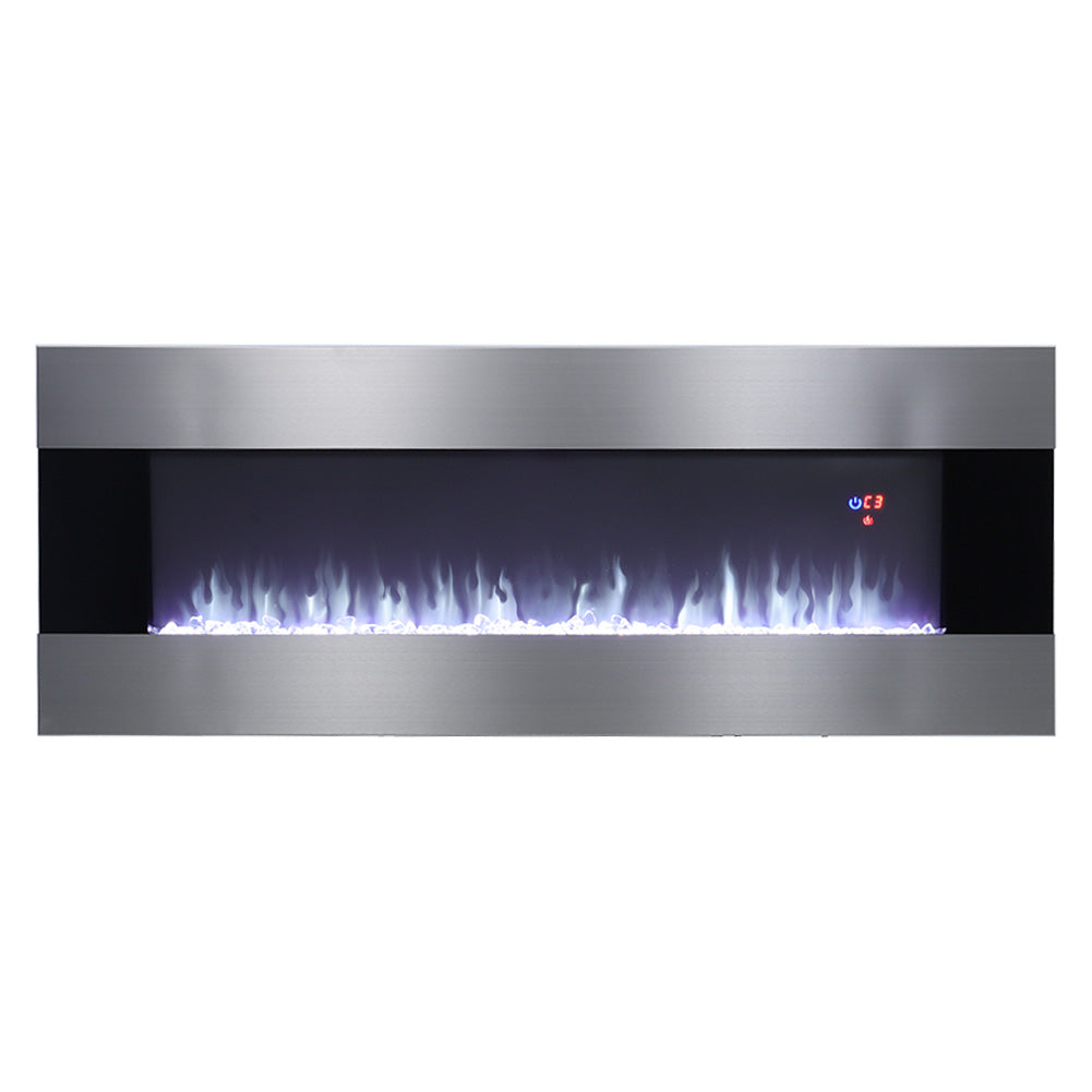 50/60 Inch Silver Electric Fireplace Crystal Accents 6 Flame Colour Heater Wall Mounted Fireplaces
